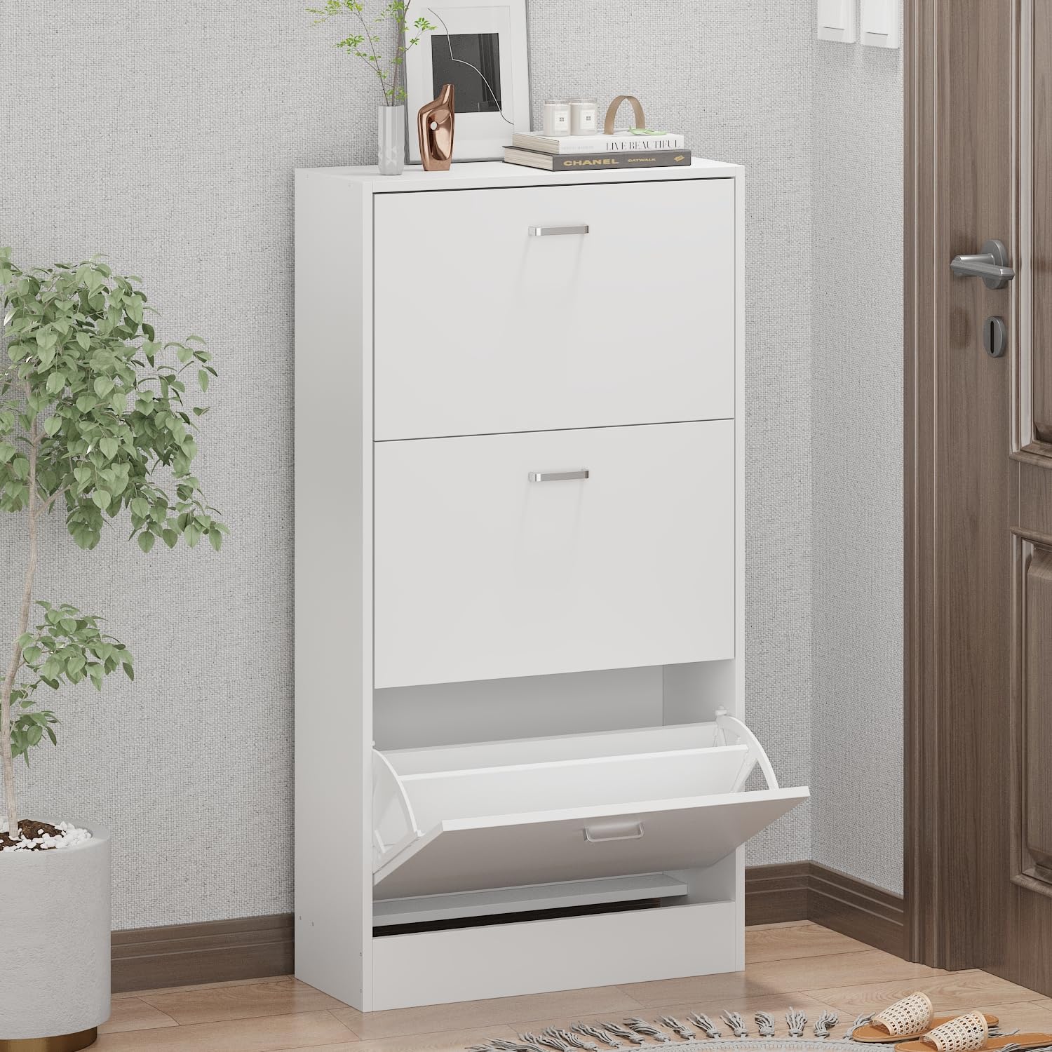 Modern Slim Shoe Storage Cabinet with 3 Flip Drawers - Wooden Narrow Shoe Rack Organizer for Entryway, Hidden Shoe Cabinet with Removable Shelf - Perfect for Small Spaces, Apartments & Closet Organization (White)