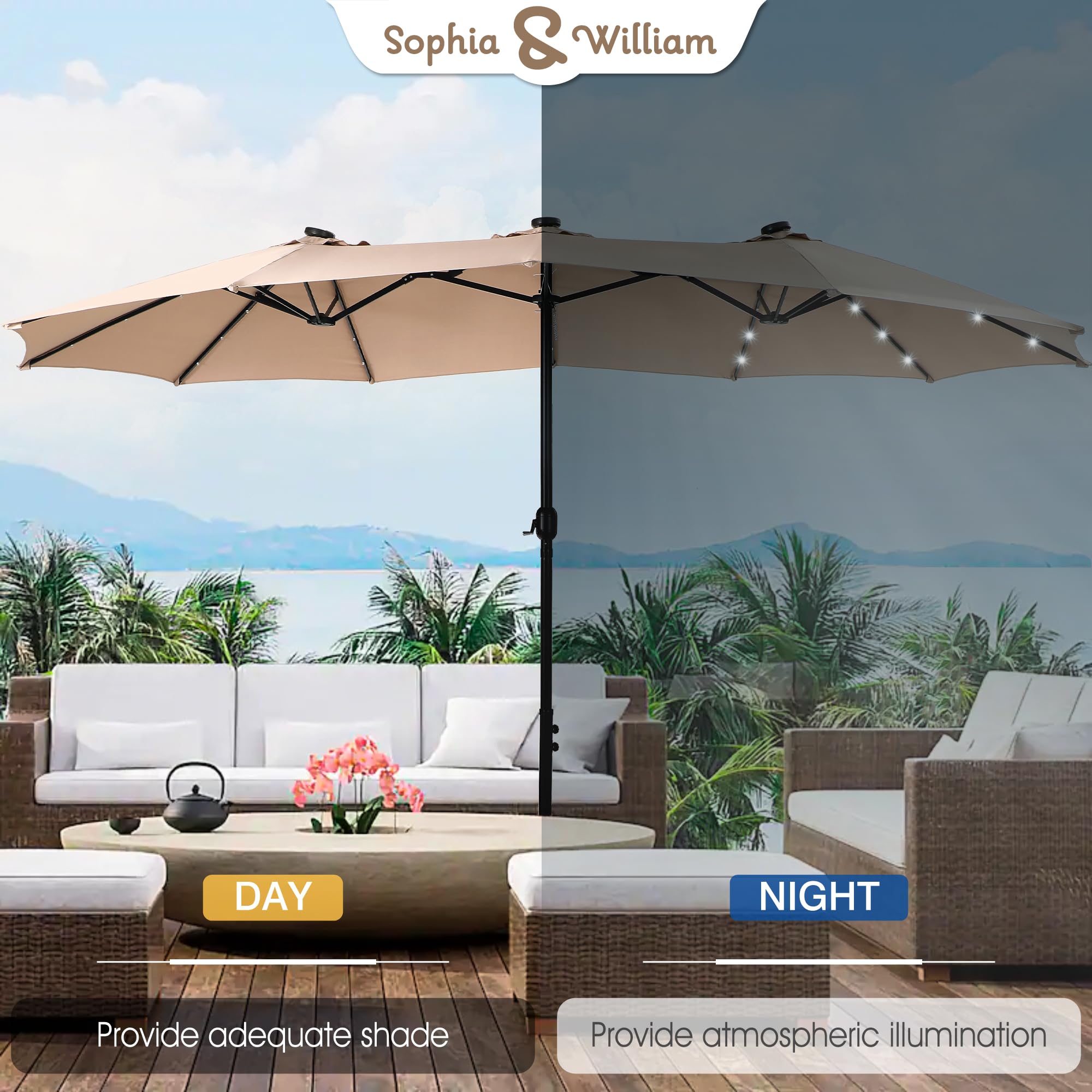 15 ft Extra Large Rectangular Patio Umbrella with Solar Lights & Base - Heavy Duty Double-Sided Outdoor Market Umbrella for Pool, Garden, Backyard (Beige) | Perfect for Shade, Outdoor Dining & Relaxation