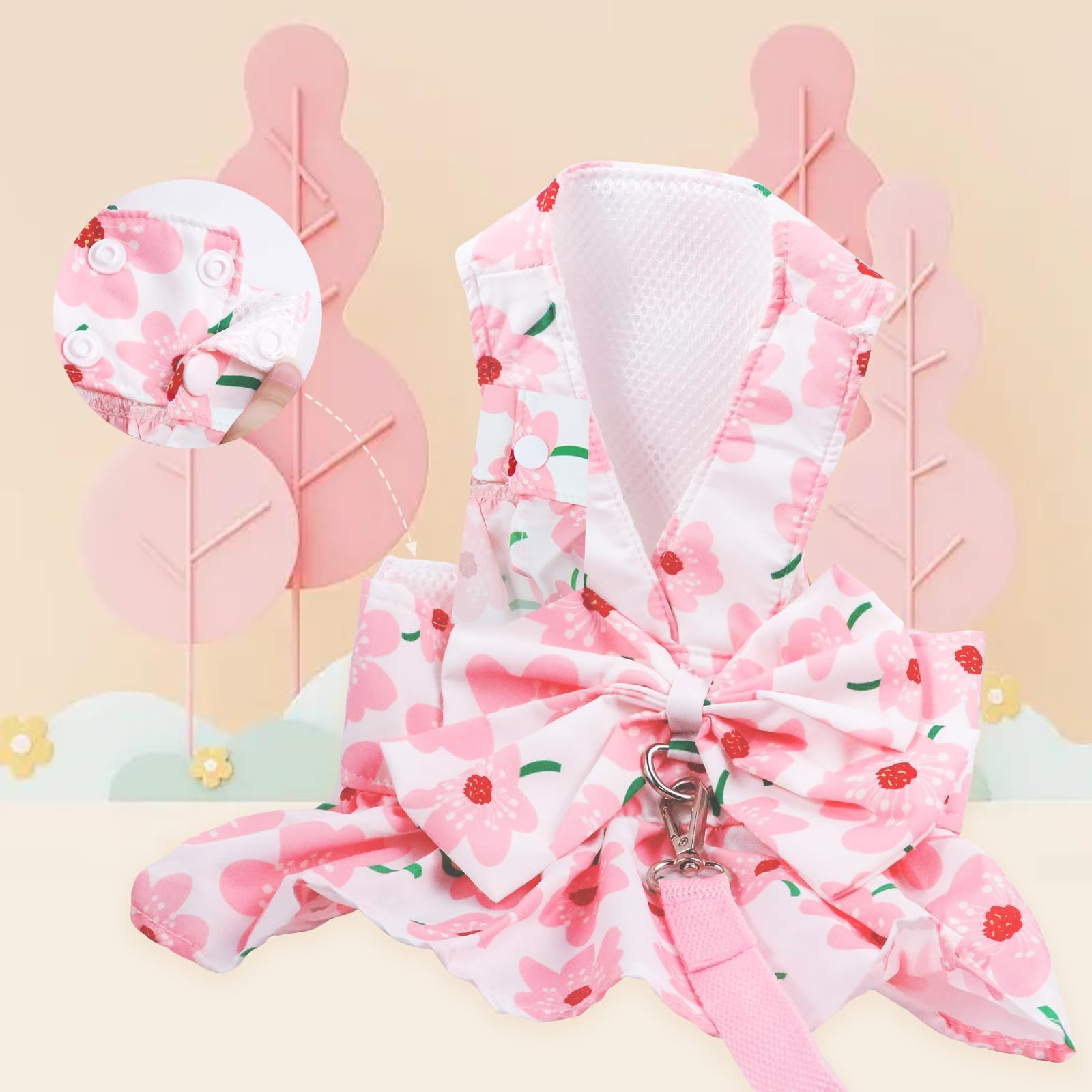 Pink Floral Dog Dress with Bowknot Harness & Leash Set - Cute Puppy Outfits for Small Girl Dogs | Breathable Spring Summer Pet Clothes | Perfect for Daily Walks, Pet Parties & Photo Shoots (Medium)