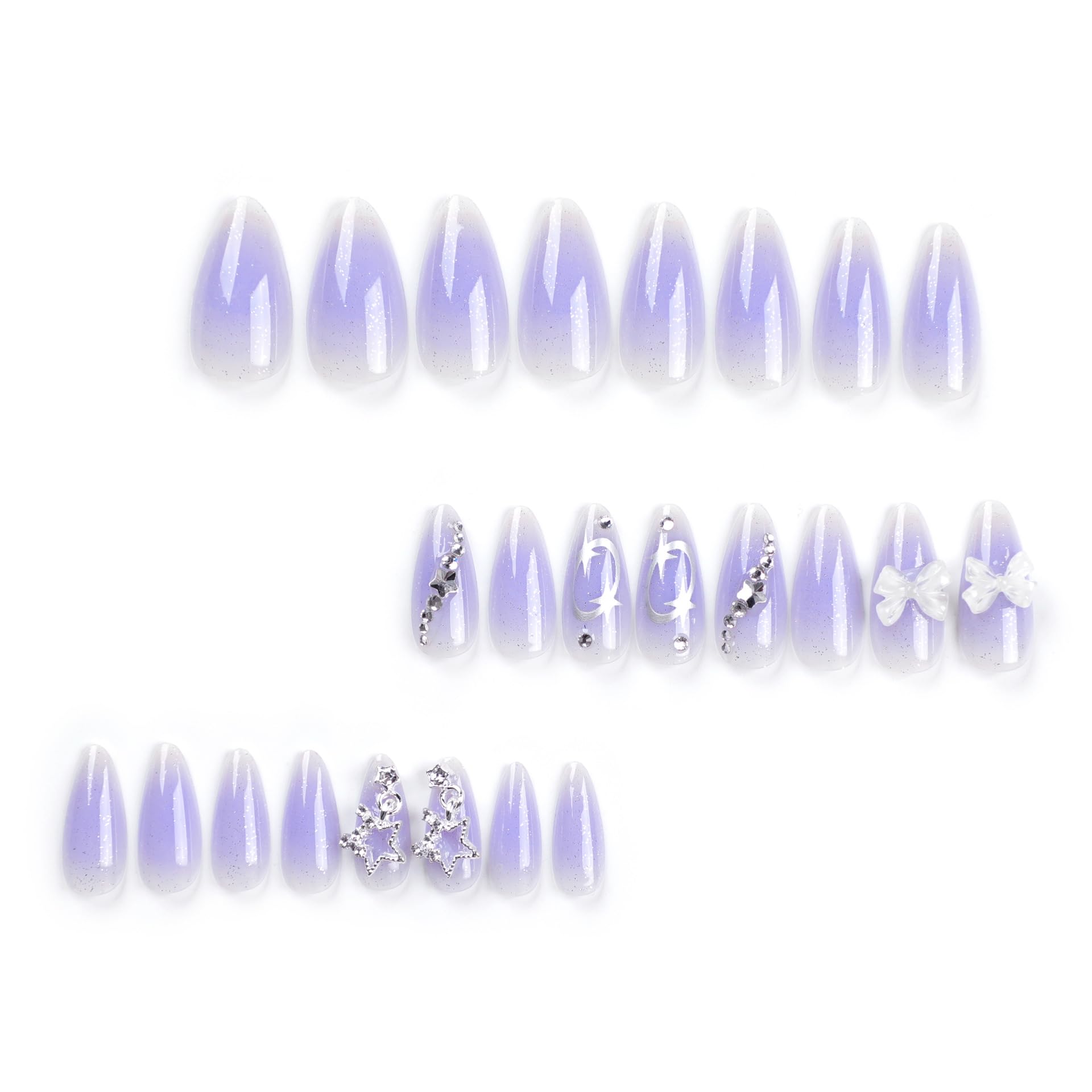 Purple Press on Nails - Almond Fake Nails with Glitter Rhinestones & 3D White Bow Design | Y2K Silver Chrome Nails for Women | Perfect for Parties, Weddings, and Special Occasions