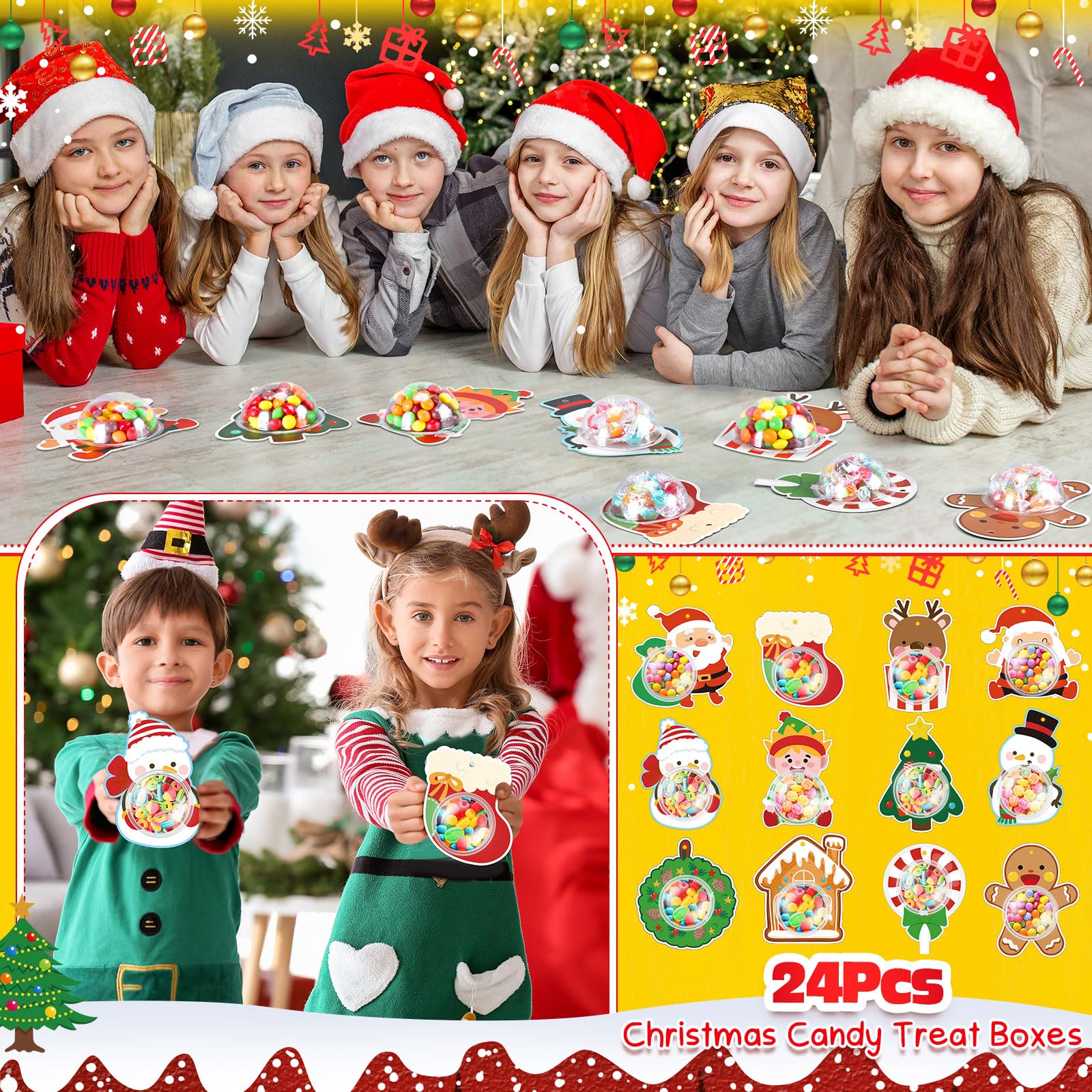 24 Pcs Christmas Candy Holders with Adhesive Pouches - Santa Snowman Gingerbread Elk Decorations for DIY Xmas Gifts, Party Favors, Stocking Stuffers & Classroom Treats