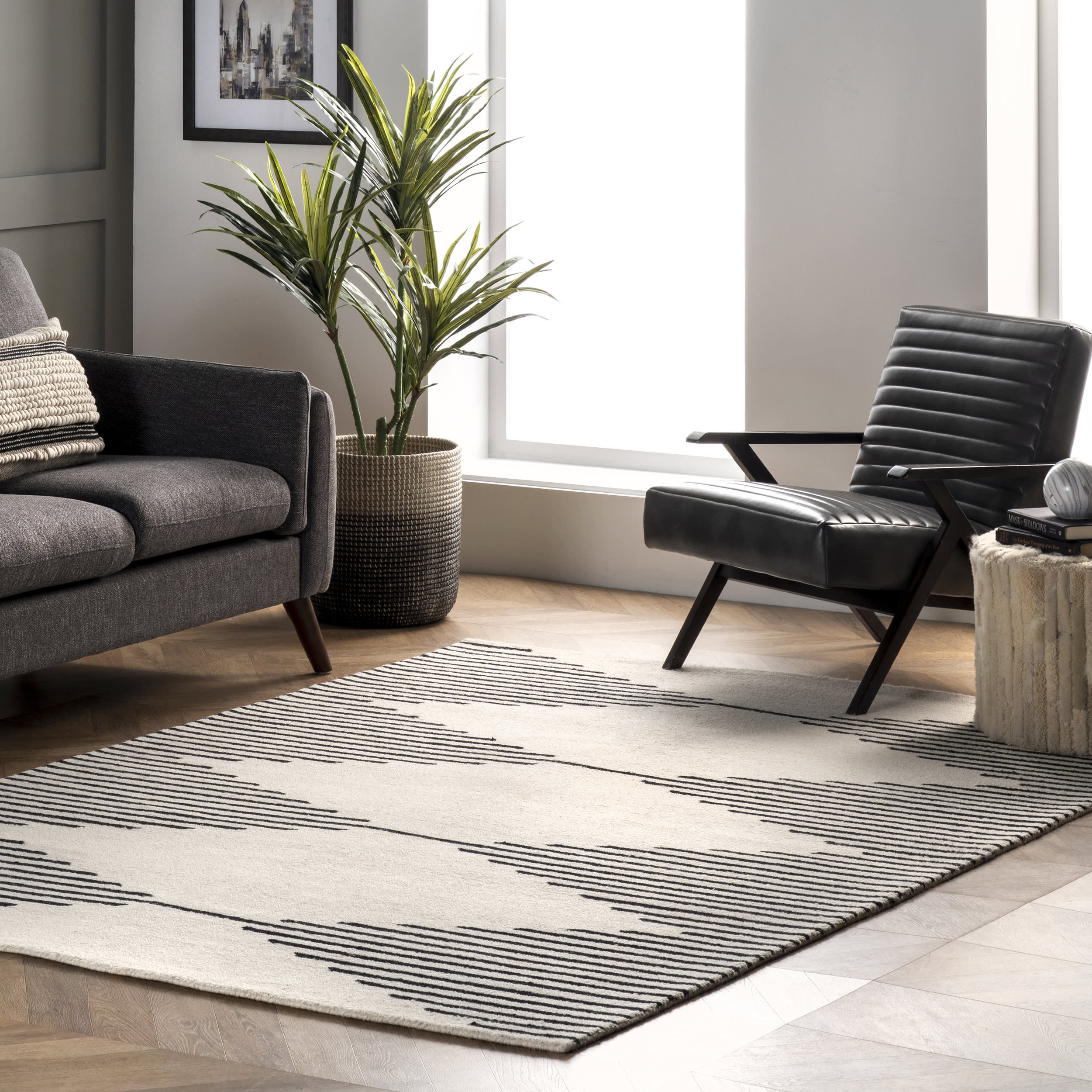 Luxury Diamond Pinstriped Area Rug - Soft Ivory White Modern Carpet for Living Room, Bedroom & Office - Home Decor & Floor Covering