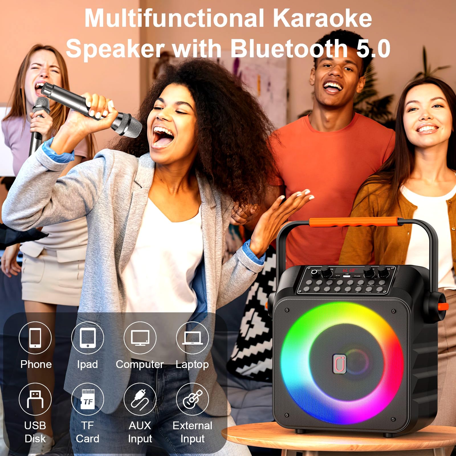 Portable Karaoke Machine with 2 Wireless Microphones - Bluetooth Speaker, PA System & LED Lights for Home Singing, Outdoor Parties - Perfect Music Gift for Adults & Kids (Ideal for Birthday Celebrations, Family Gatherings & Camping Trips)