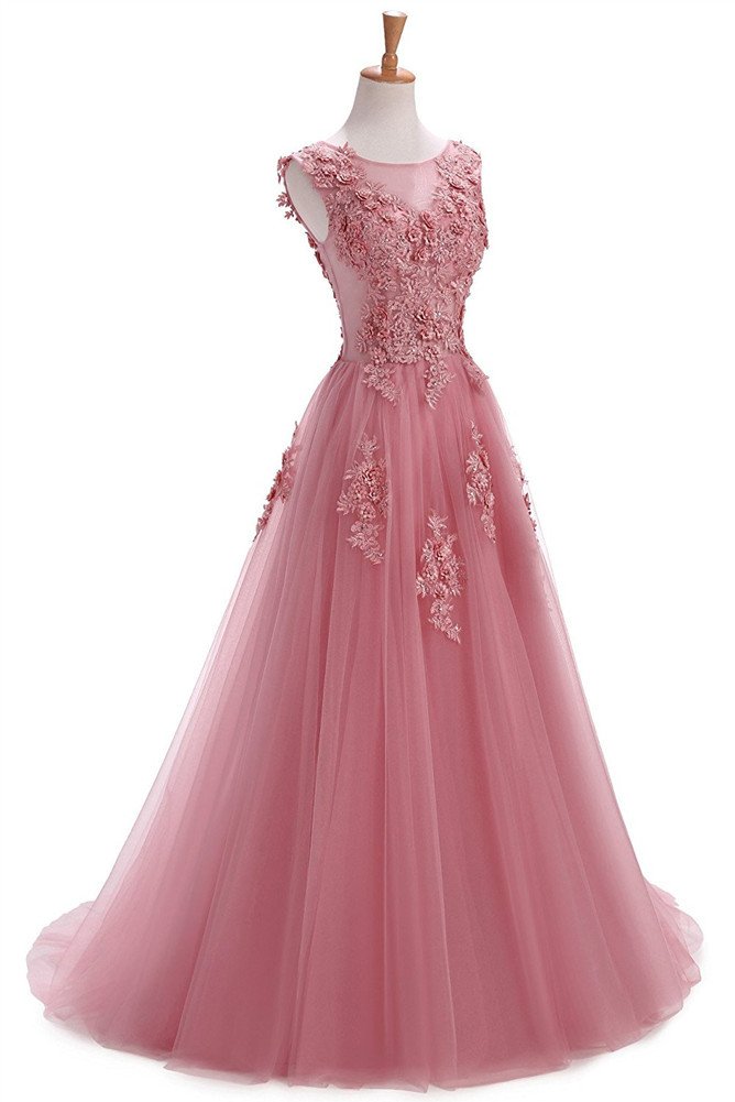 Elegant Women's Sweep Lace Appliques Scoop Neck Tulle A-Line Prom Dress for Homecoming, Wedding, and Formal Events