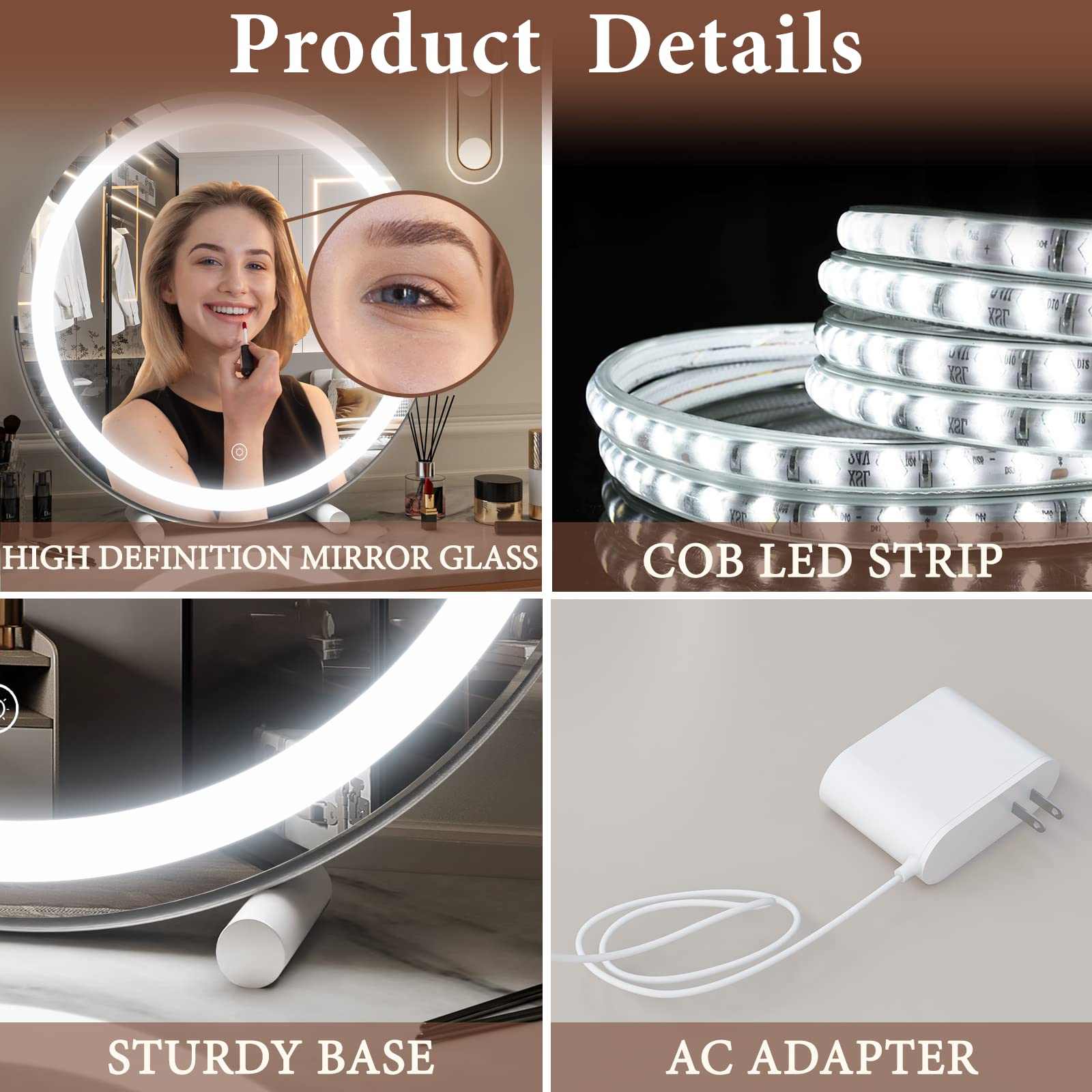 FENNIO 18 Inch Large LED Vanity Mirror with Touch Screen - 3 Color Dimmable Lighting, Round Lighted Makeup Mirror for Vanity Desk, Bedroom, Dressing Room & Professional Makeup Application