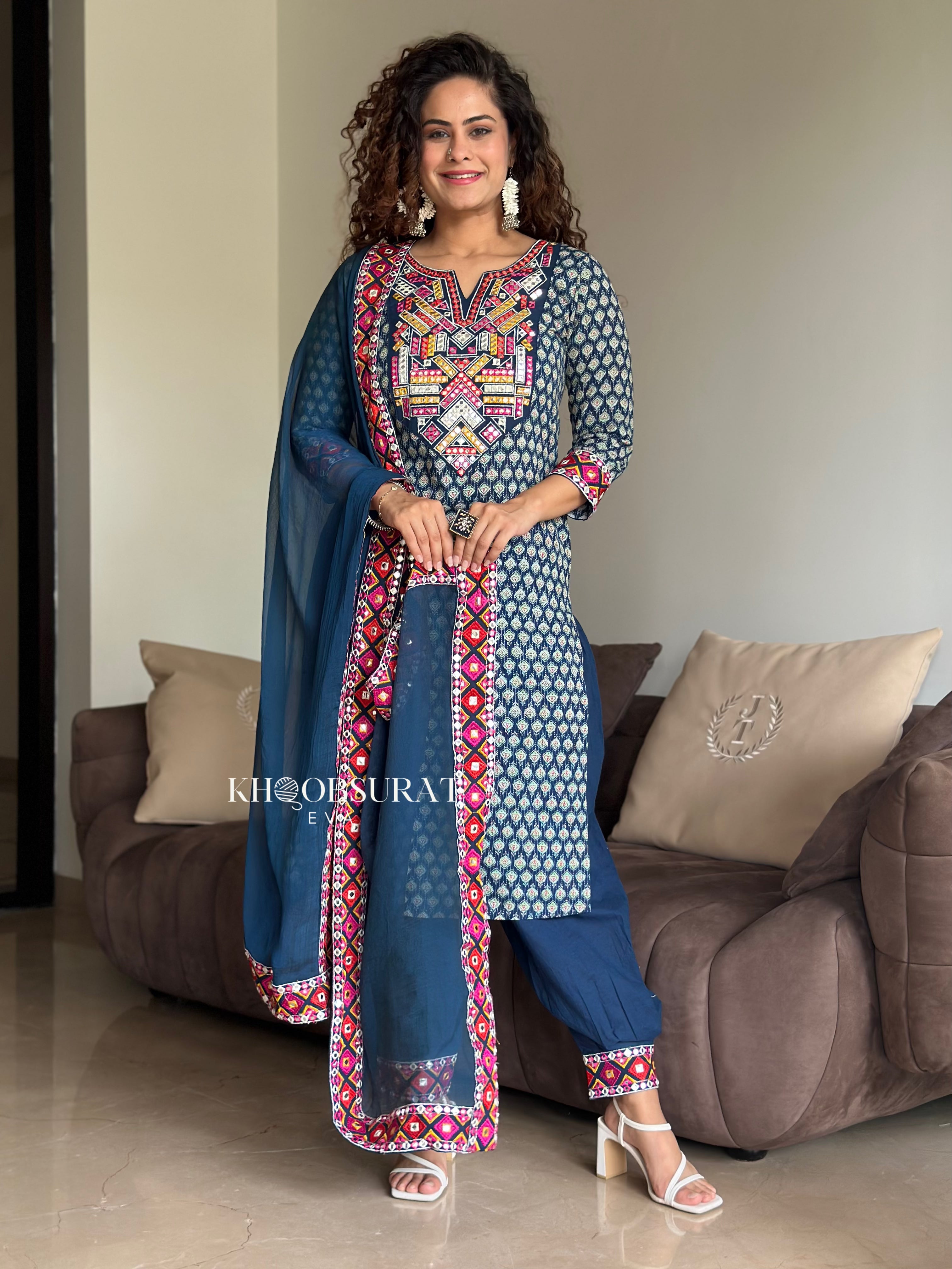 Radha Blue Kurta with Afghani Salwar - Traditional Indian Ethnic Wear for Women | Perfect for Festivals, Weddings & Cultural Events