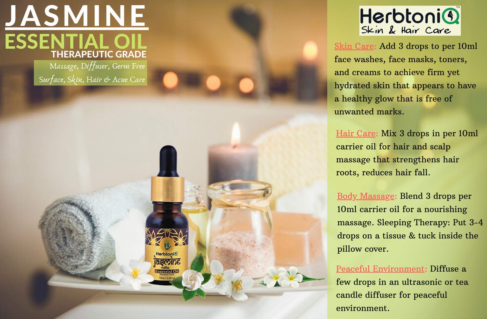 100% Pure Jasmine Essential Oil - Undiluted Therapeutic Grade for Aromatherapy, Massage, Skin & Hair Care - Natural Stress Relief & Mood Enhancer - Perfect for Diffusers, DIY Beauty & Home Cleaning (15ml)