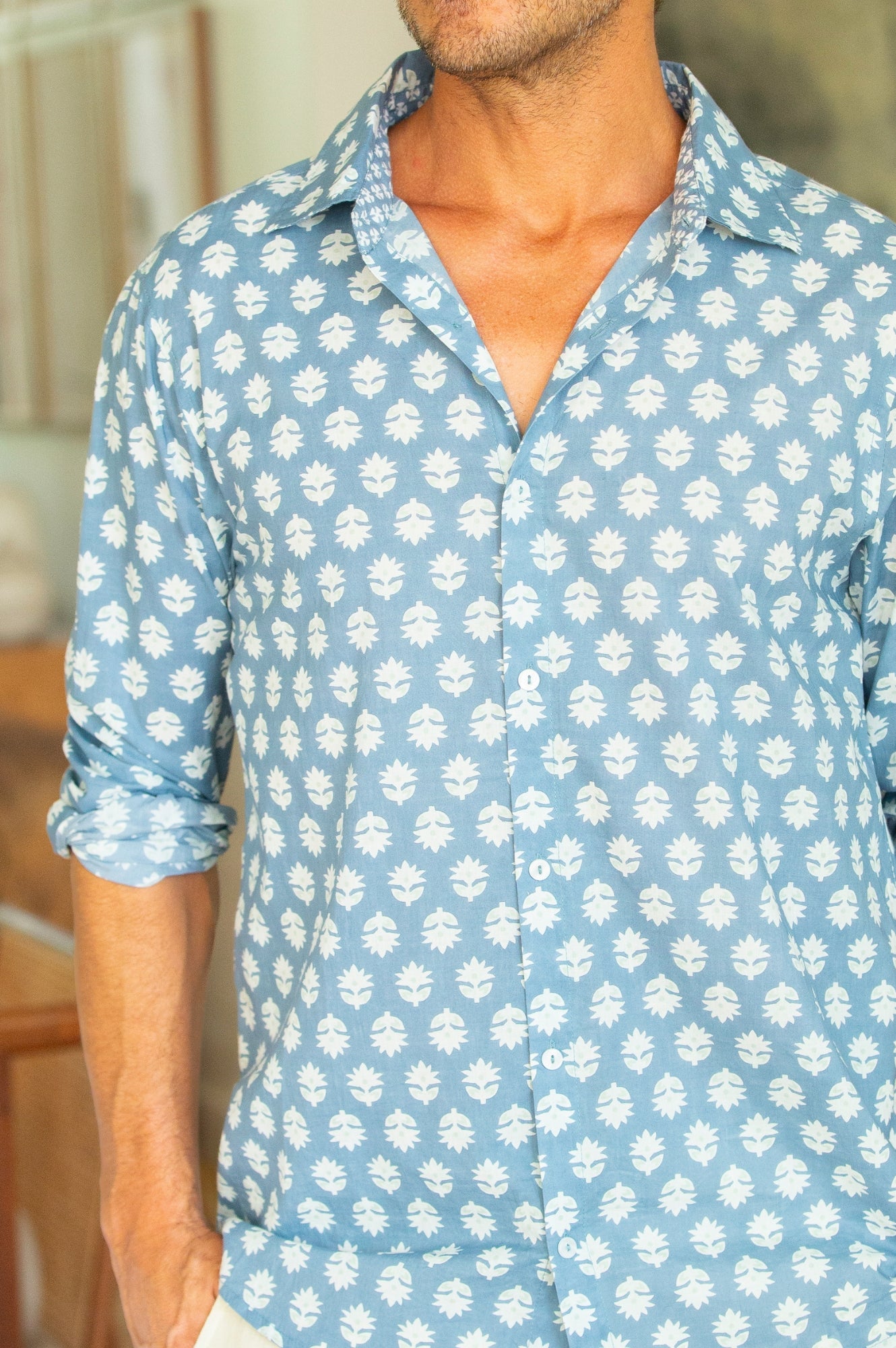 Organic Cotton Men's Shirt - Mini Sunflower Print in Grey & Mint Colors | Casual Wear, Summer Outfits, Beach Style