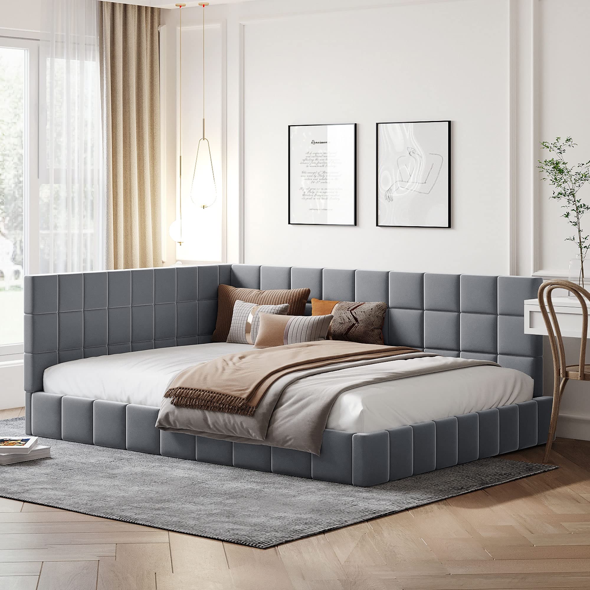 Grounded Daybed Upholstered Sofa Bed with Lattice Design - Full Size Wooden Frame Convertible Sleeper for Living Room, Guest Room & Bedroom - Soft Velvet Fabric in Gray (Kids & Adults Friendly)