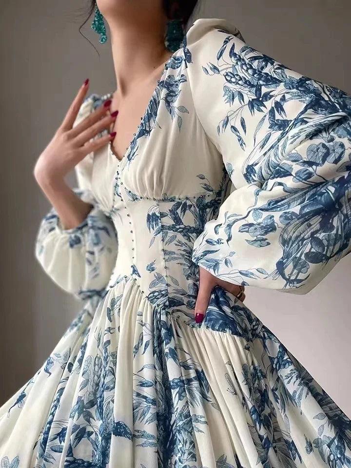 Floral Beaded High Waist A-Line Vintage Party Dress with Lantern Sleeves - Elegant Women's Fashion for Beach Holidays, Cocktail Parties & Special Occasions