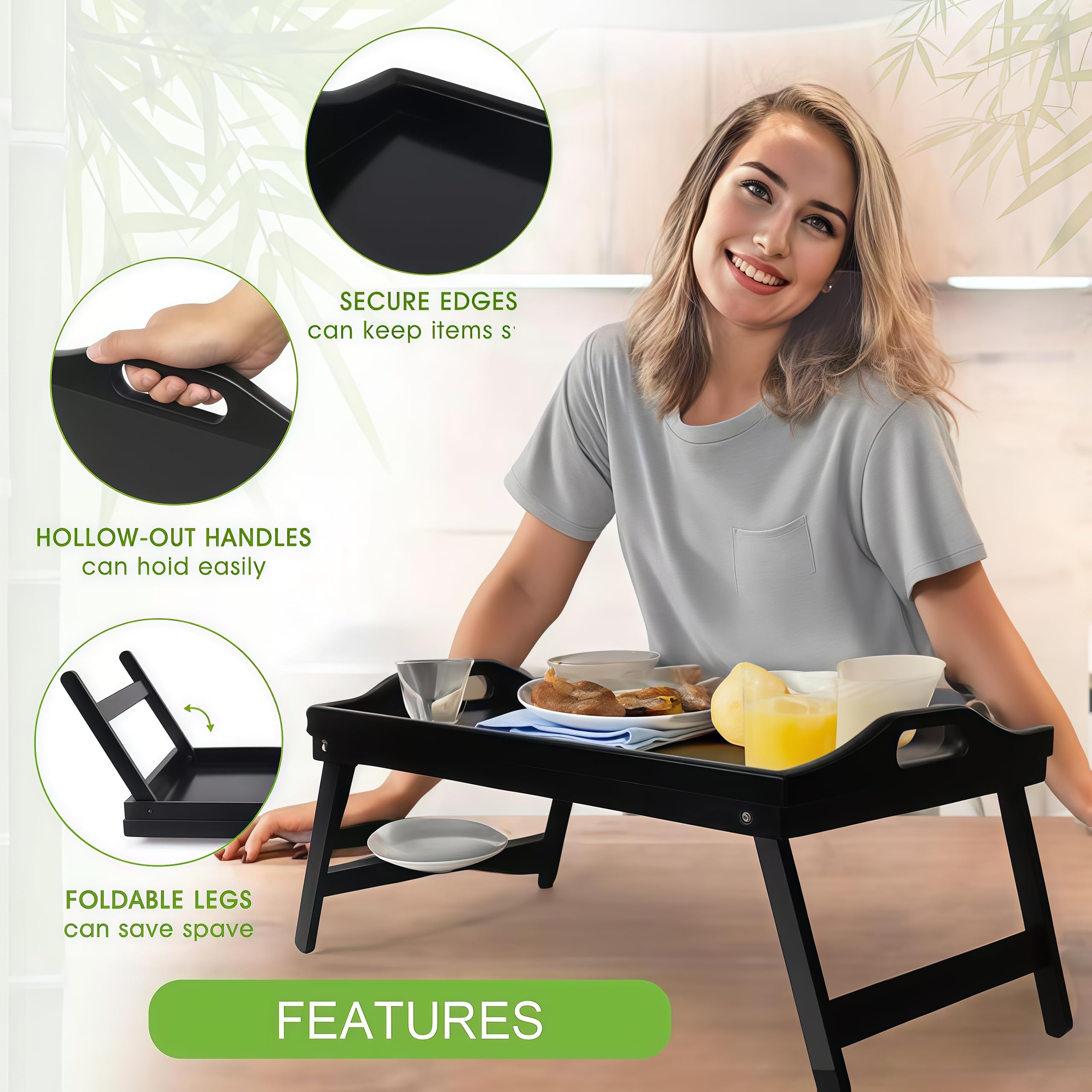 Foldable Wooden Bed Tray Table with Adjustable Legs - Portable Breakfast Serving Tray for Sofa, Bed, Eating, Working & Studying | Perfect for Breakfast in Bed, Laptop Desk, Snack Tray & Home Office (Black)