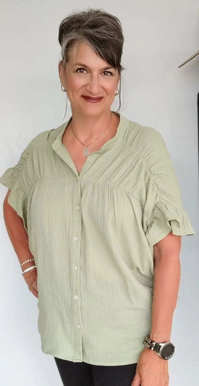 Dust Sage Gauze Wrinkle Shirred Top for Women - Breathable Summer Blouse for Casual Outings, Beach Cover-Up & Boho Fashion
