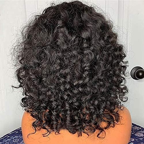 200 Density Machine-Made Human Hair Wig with Bangs - Brazilian Remy Short Curly Wig for Women (16 Inch) | Natural Look for Daily Wear & Cosplay