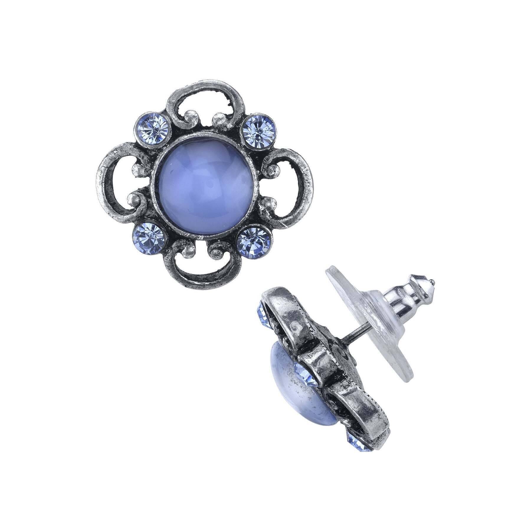 1928 Jewelry Light Blue Moonstone & Sapphire Austrian Crystal Post Earrings – Elegant Button Stud Earrings for Women, Perfect for Weddings, Parties & Everyday Wear