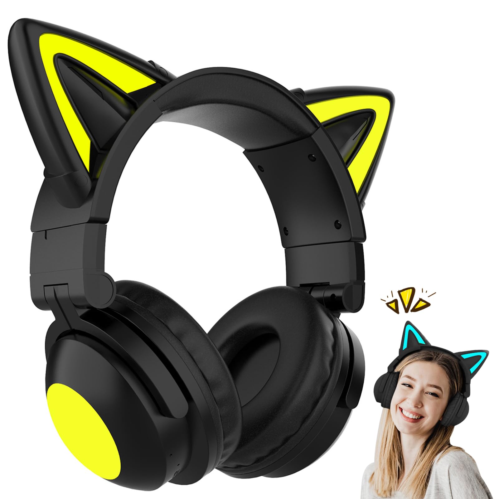 Wireless Cat Ear Headphones with Built-in Mic - Foldable LED Bluetooth Headset for Kids & Adults, Compatible with Phone/PC/Tablet/TV (Black) - Perfect for Gaming, Music, Online Classes & Travel