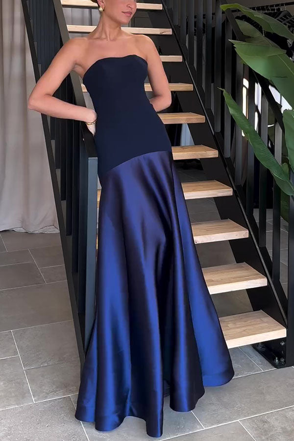 Timeless Elegance Satin Patchwork Strapless Flare Gown Maxi Dress for Women | Formal Evening Gown for Prom, Wedding, Red Carpet Events