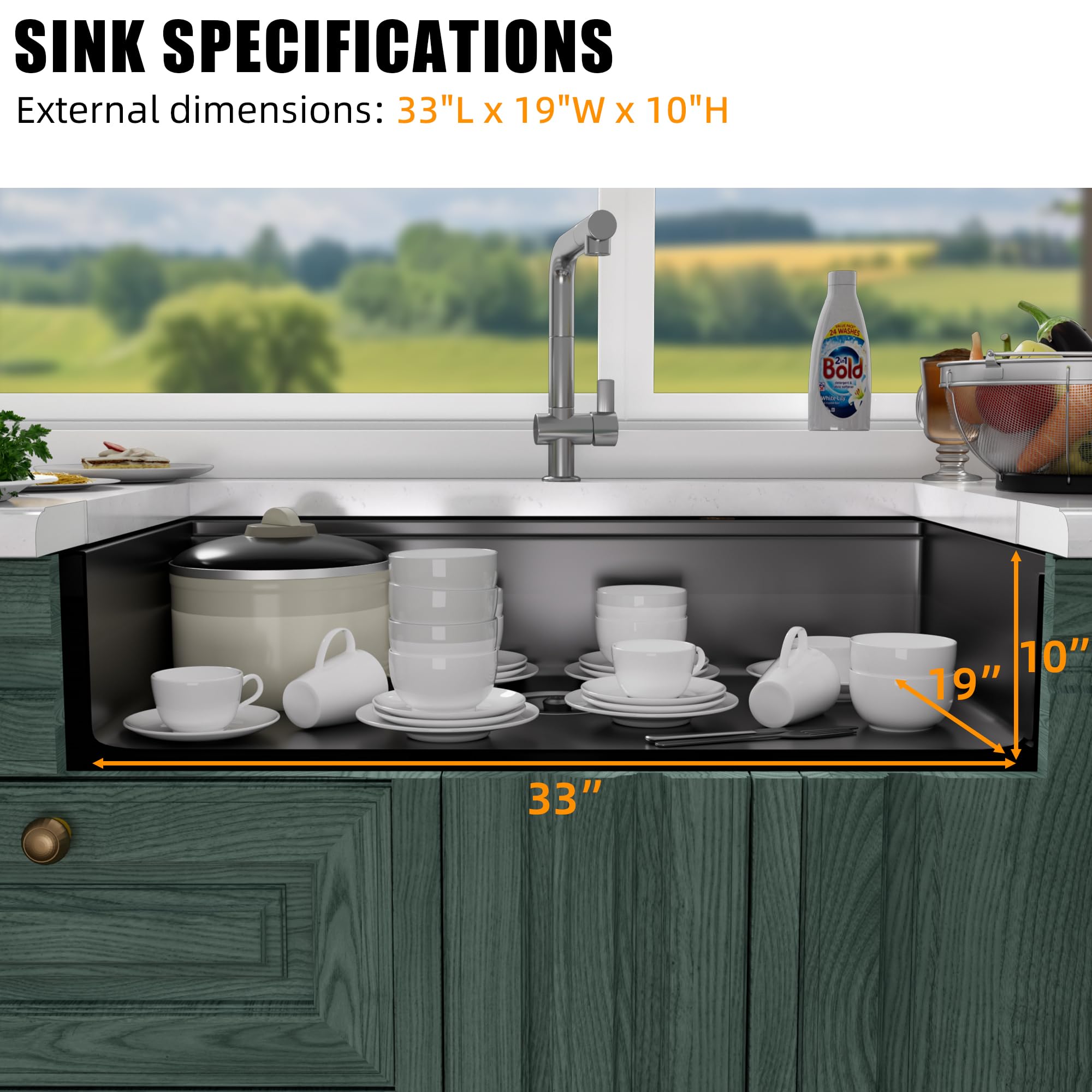 33 Inch Undermount Kitchen Sink - 16 Gauge Stainless Steel Single Bowl Workstation Sink, 33x19 Inch Commercial Grade Black Sink for Professional Kitchens & Restaurant Prep Stations