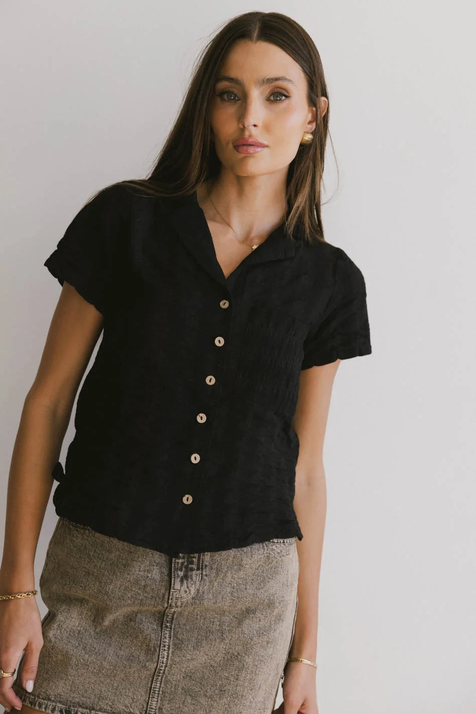Berenice Textured Button-Up Shirt for Women - Black | Casual & Office Wear | FINAL SALE