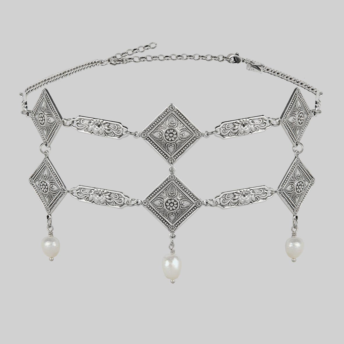 Romantic Pearl Choker Necklace in Silver - Elegant Deep V Lure Design for Women | Perfect for Weddings, Date Nights & Special Occasions