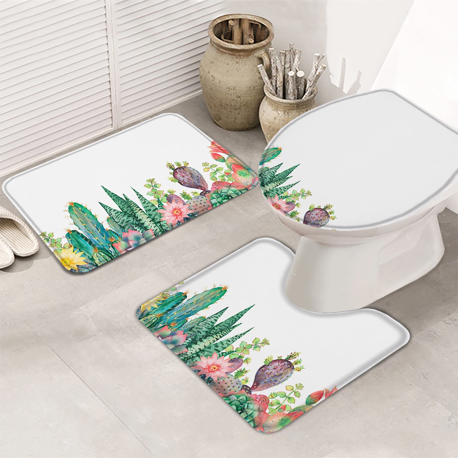 3-Piece Non-Slip Bathroom Rug Set with Tropical Cactus Design - Absorbent Shower Mat, Contour Mat & Toilet Cover - Soft Watercolor Illustration Bath Mats for Bathroom Safety & Decor