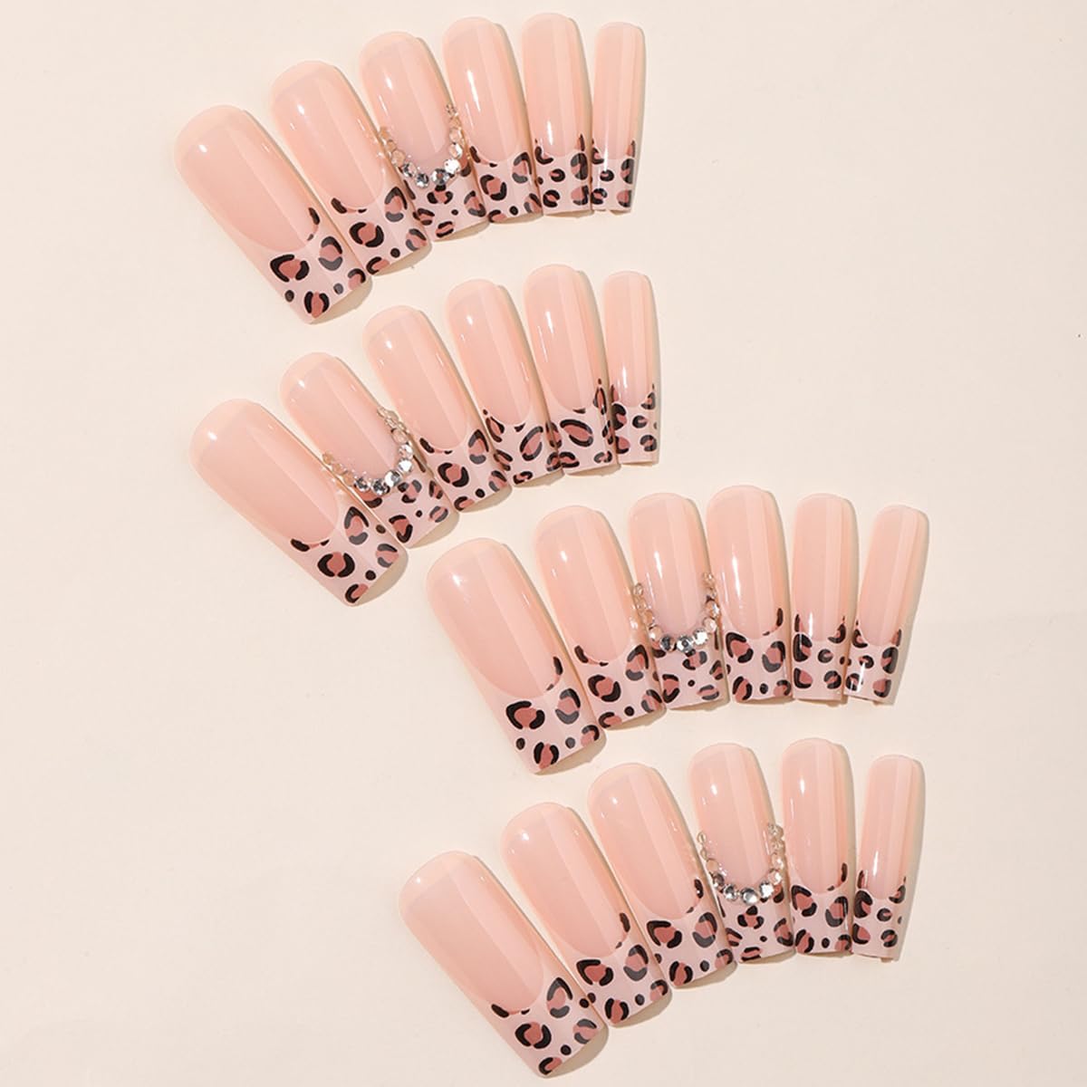 Long Press-on Square Nails with Leopard Print French Tips & Sparkly Rhinestones - 24Pcs Full Cover Glossy False Nails Kit for Women | 3D Nail Charms for Parties, Weddings & Special Occasions