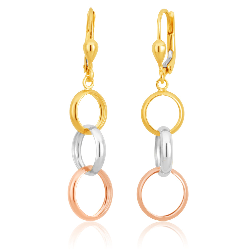 9ct Three-Tone Gold Dangling Hoop Earrings Set of 3 - Elegant Stackable Hoops for Women, Perfect for Everyday Wear, Parties & Special Occasions