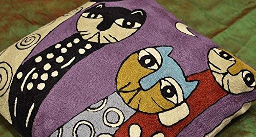 Hand Embroidered Abstract Cat Pillow Cover - 18x18 Inch Purple Picasso Cat Face Cushion | Soft Wool Kitty Accent Pillow for Sofa & Bed | Perfect Gift for Cat Lovers | Home Decor & Cozy Living Room Accessory