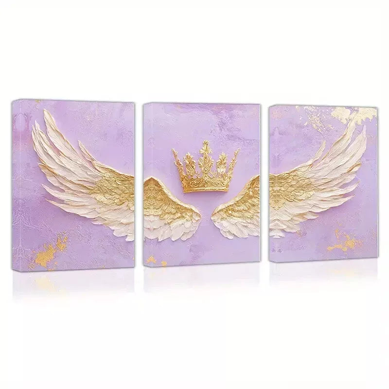 3-Piece Elegant Wing and Crown Wall Art Set - Pink Background Canvas Framed 50x70cm - High Quality Print - 100% Australian Made - Ready to Hang - Perfect for Living Room, Bedroom & Office Decor