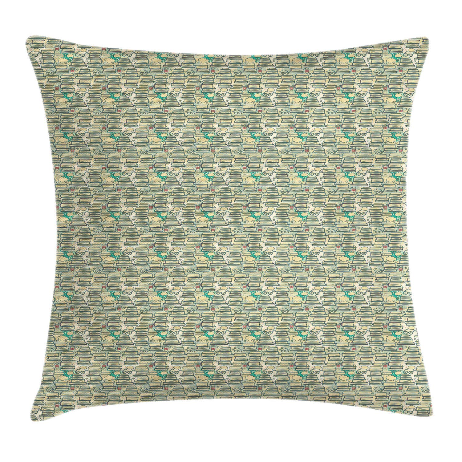 Ambesonne Book Lover Throw Pillow Cover 26x26 Inch - Vintage Book Stack Design with Glasses & Coffee Cups - Cream Almond Green Decorative Cushion Case for Living Room, Bedroom, Reading Nook & College Dorm Decor