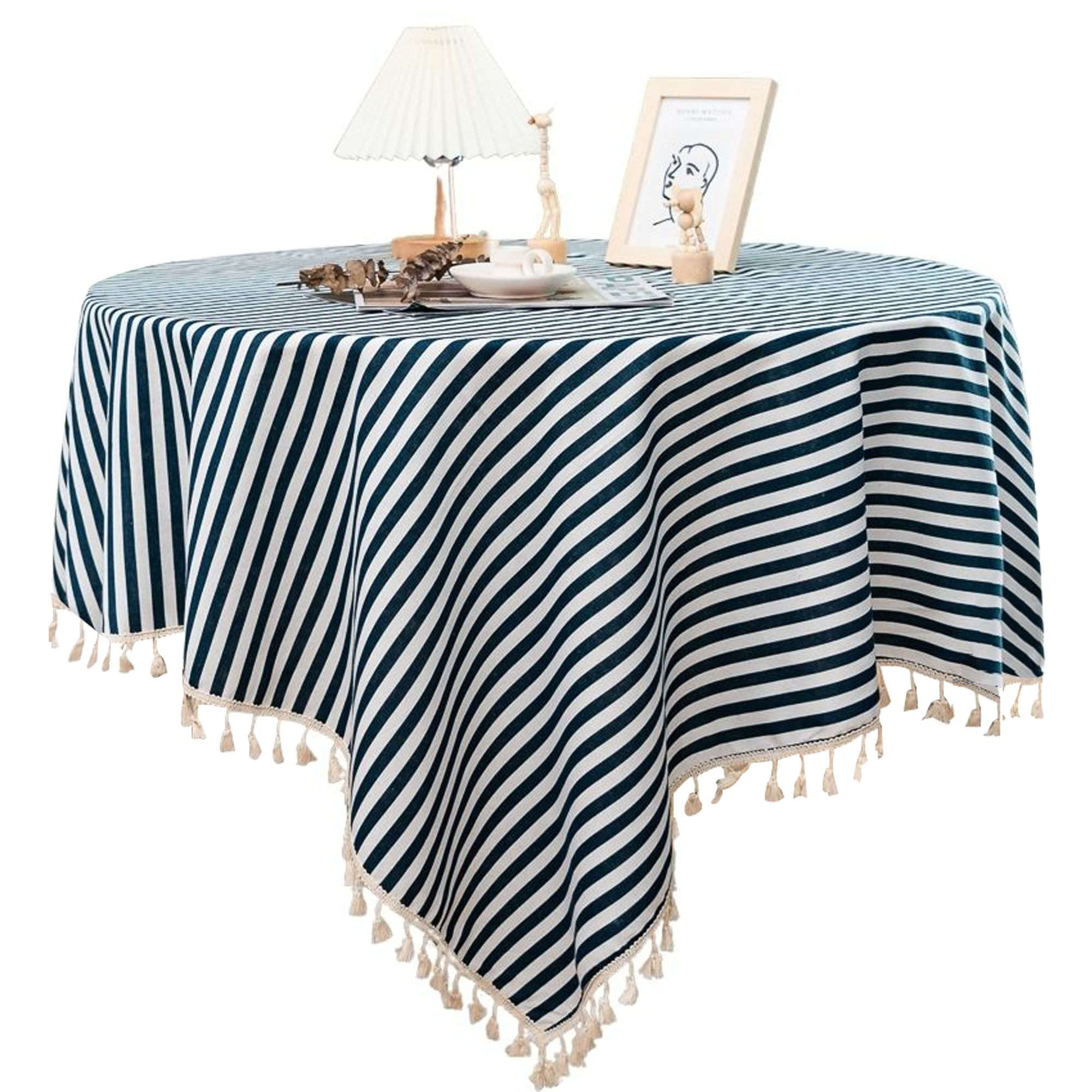 Striped Square Tablecloth with Lace Trim - 140x140cm Wrinkle-Resistant Non-Slip Table Cover for Round Tables - Perfect for Dining Room, Living Room & Study Decor