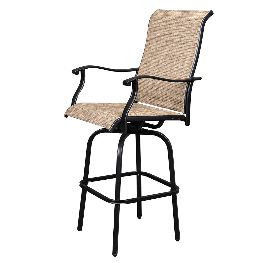 2-Pack Outdoor Swivel Bar Stools with High Back & Armrests - All-Weather Textilene Bar Height Patio Chairs for Deck, Garden, Lawn - Matte Black Frame with Brown Cushion - Perfect for Poolside Lounging, Outdoor Dining & Backyard Entertaining