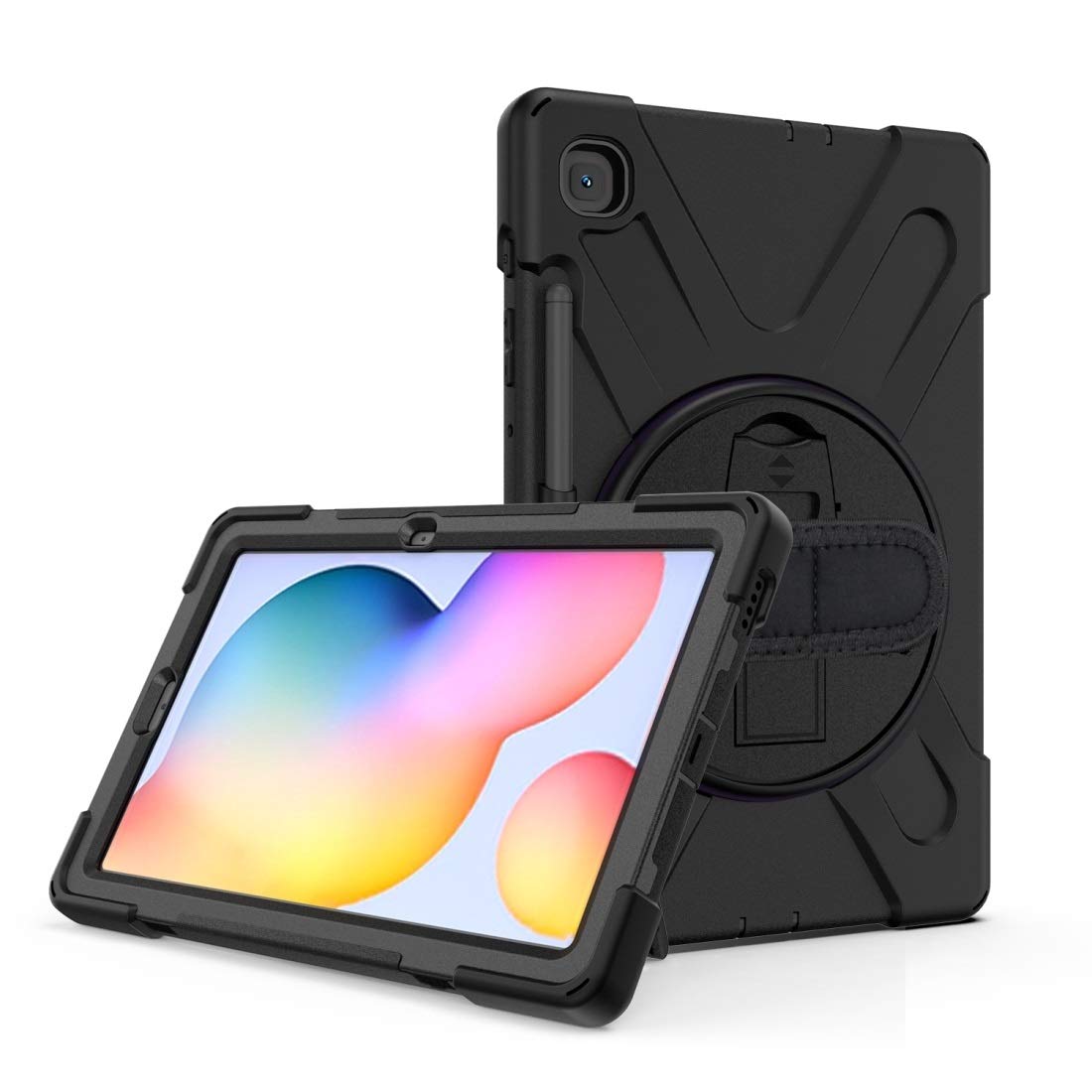 Shockproof Silicone + PC Protective Case for Samsung Galaxy Tab S6 Lite P610 with Holder, Shoulder Strap, Hand Strap & Pen Slot - Durable & Eco-Friendly (Black) - Perfect for Travel, Work & School Use