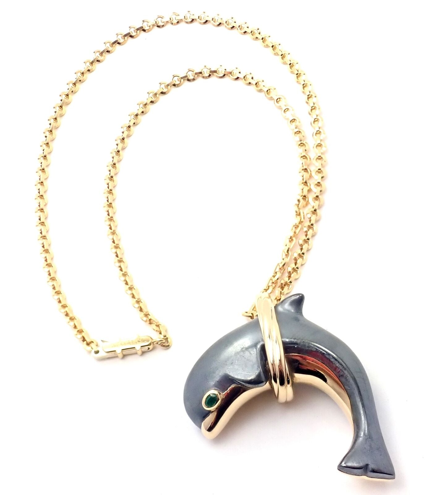 Authentic Cartier 18k Yellow Gold Hematite Dolphin Pendant Necklace - Luxury Jewelry Gift for Women, Perfect for Anniversary, Birthday & Special Occasions