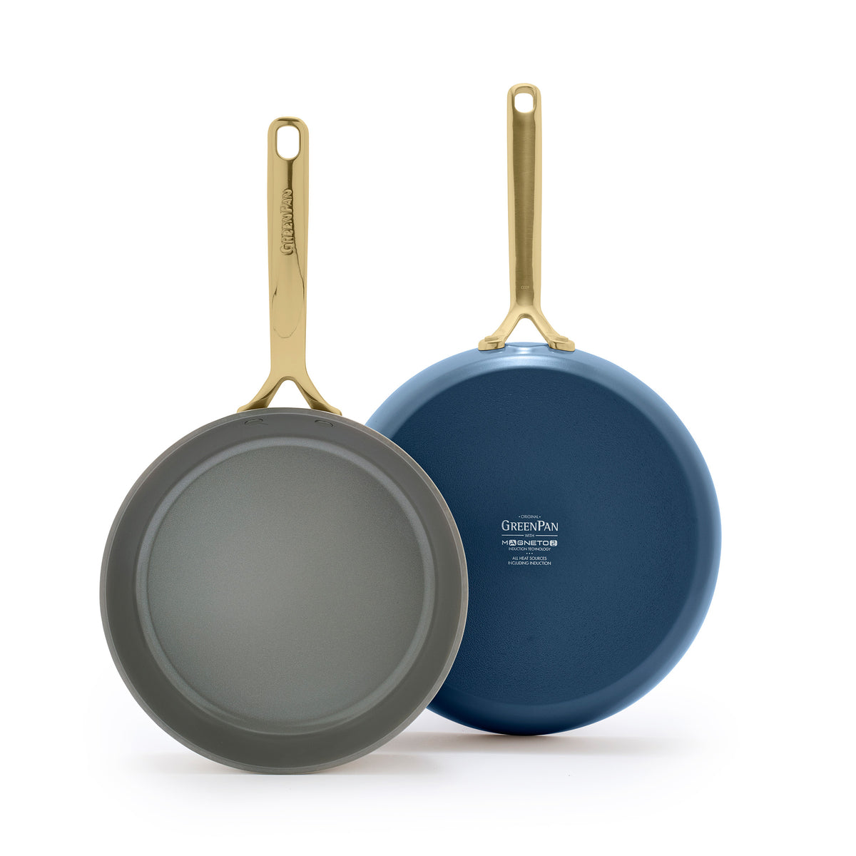 Premium GP5 Ceramic Nonstick 9.5 & 11-Inch Fry Pan Set - Champagne Gold Handles & Marine Blue Coating | Dishwasher Safe Cookware for Sauteing, Frying & Everyday Cooking