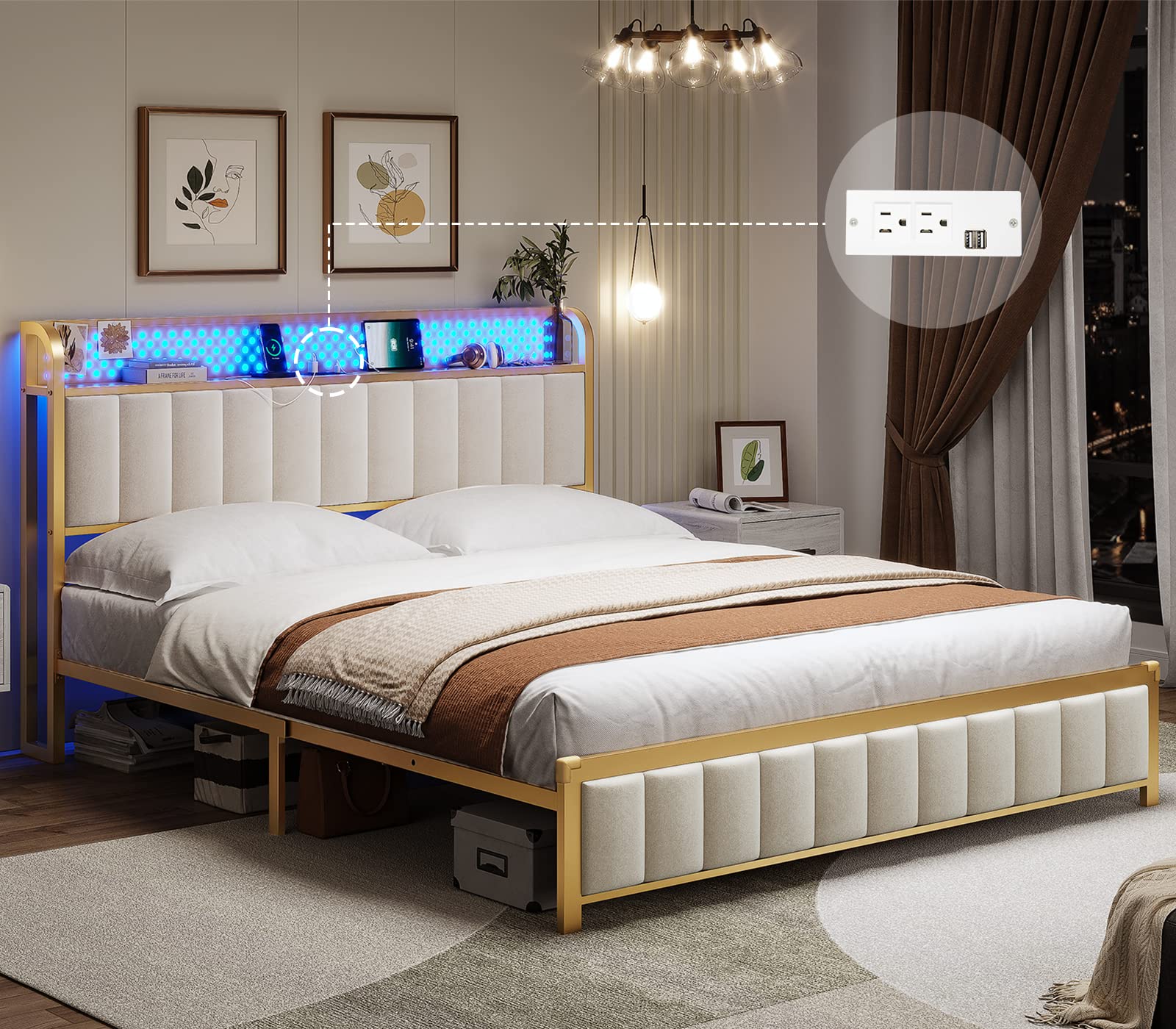 BTHFST Queen Bed Frame with LED Lights, Storage Headboard, USB Ports & Outlets - Upholstered Platform Bed Frame in Creamy White & Gold for Modern Bedroom Decor | Sturdy Bed Foundation with Easy Assembly