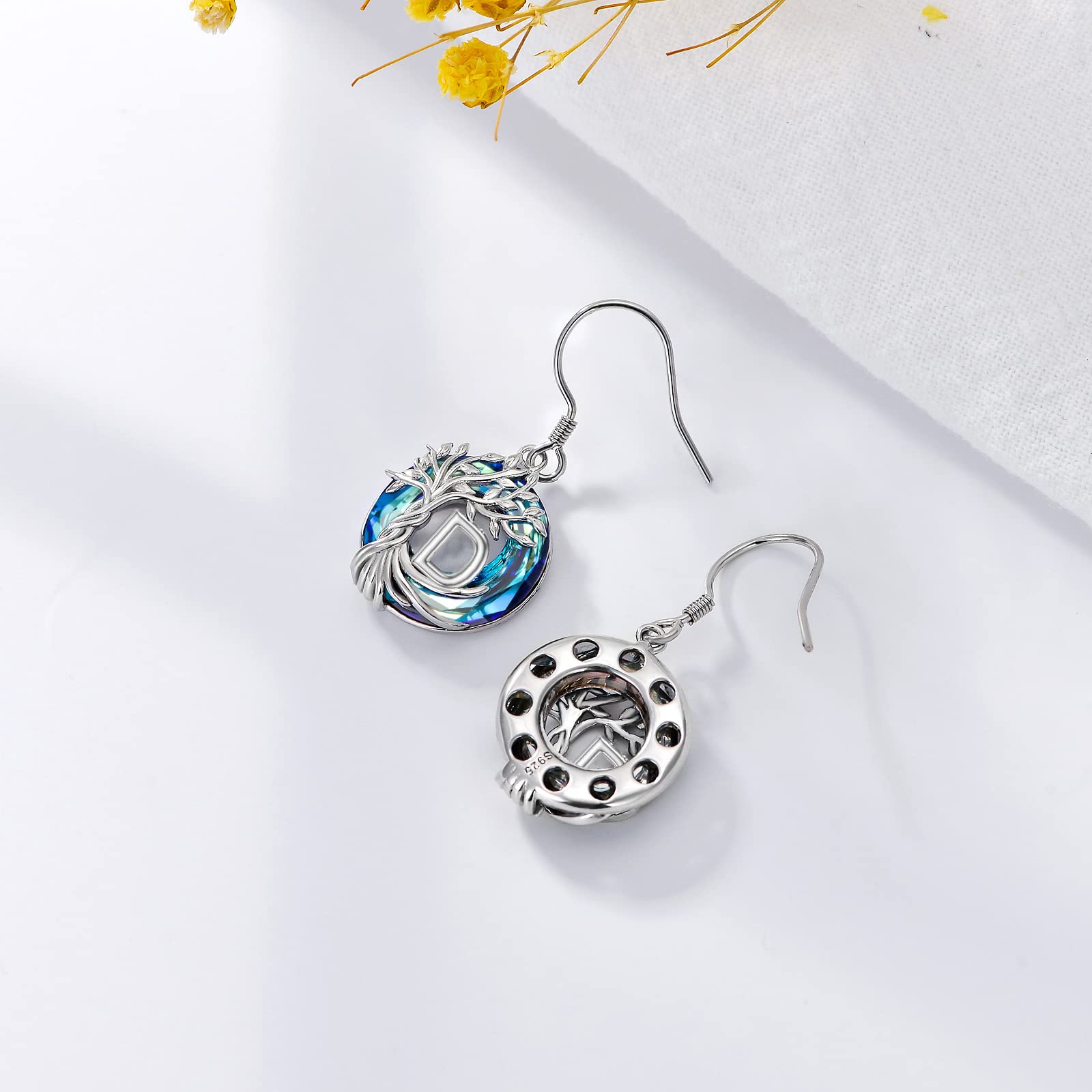TOUPOP 925 Sterling Silver Tree of Life Initial Earrings with Blue Circle Crystal - A-Z Letter Drop Dangle Earrings for Women | Valentine's Day, Anniversary & Birthday Gift for Her, Girlfriend or Mom | Perfect for Date Night, Wedding & Special Occasions