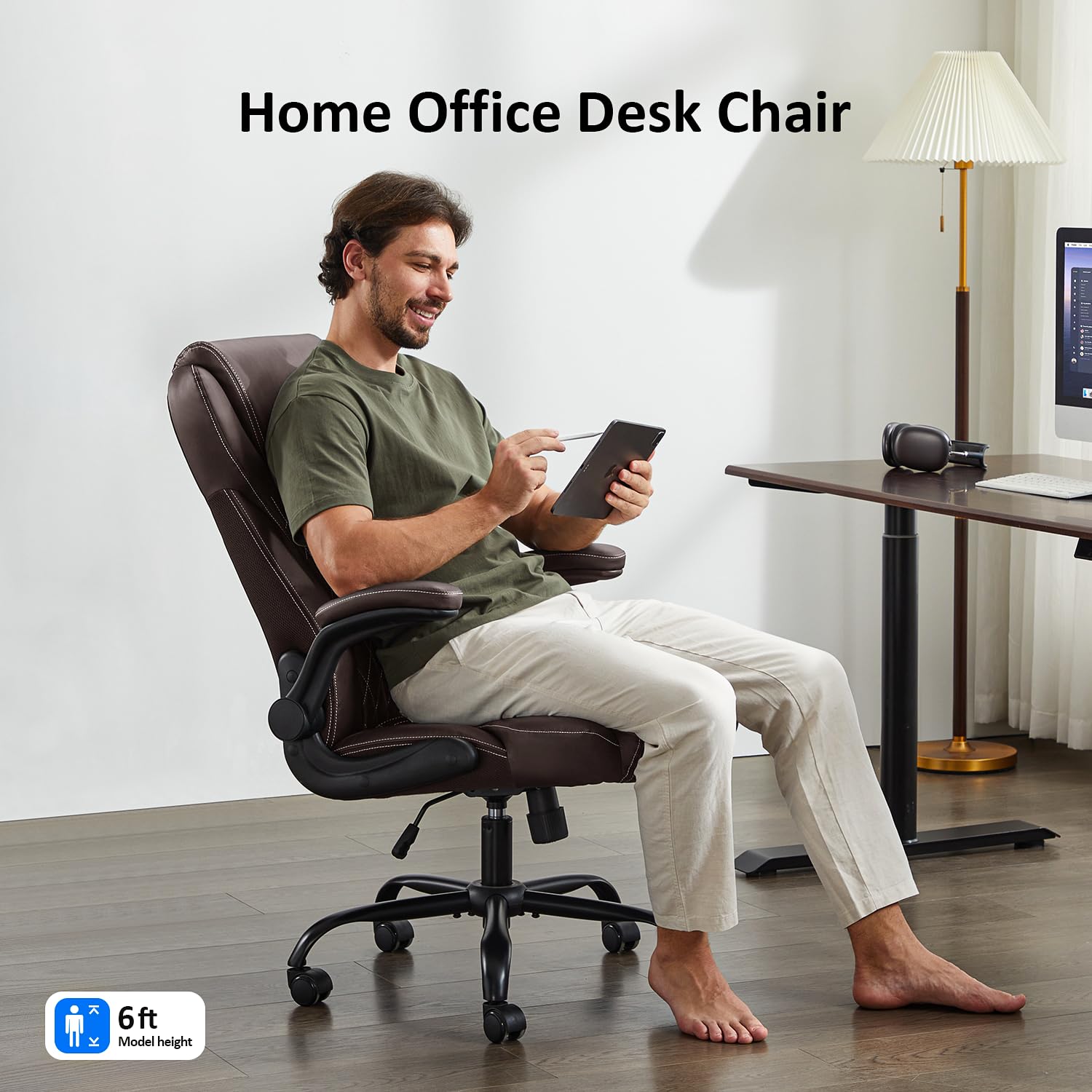 Premium Ergonomic Office Chair - Executive Leather Desk Chair with Adjustable Flip-Up Arms, Lumbar Support & Swivel Rocking Function - Perfect for Home Office, Computer Work & Gaming (Brown)