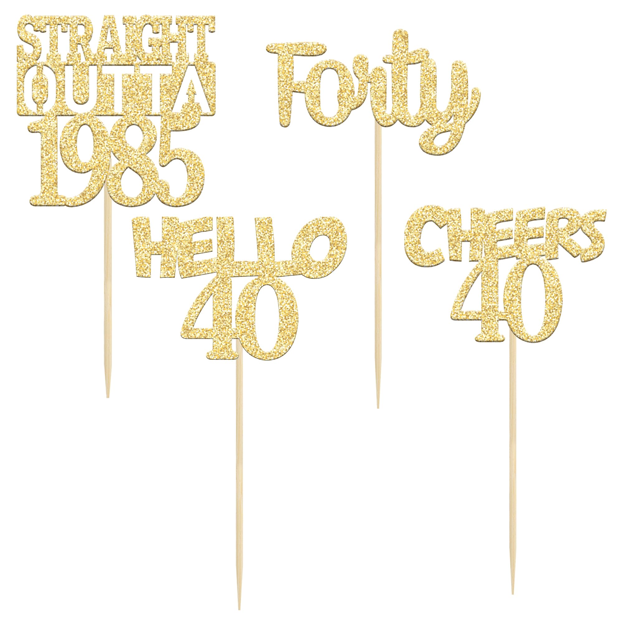 Gyufise 24 Pack 40th Birthday Cupcake Toppers - Gold Glitter 'Forty Straight Outta 1985' & 'Hello 40' Cake Decorations for Anniversary Parties - Cheers to 40 Years Celebration Supplies (Perfect for Milestone Birthdays, Retirement Parties & Decadent Dessert Displays)