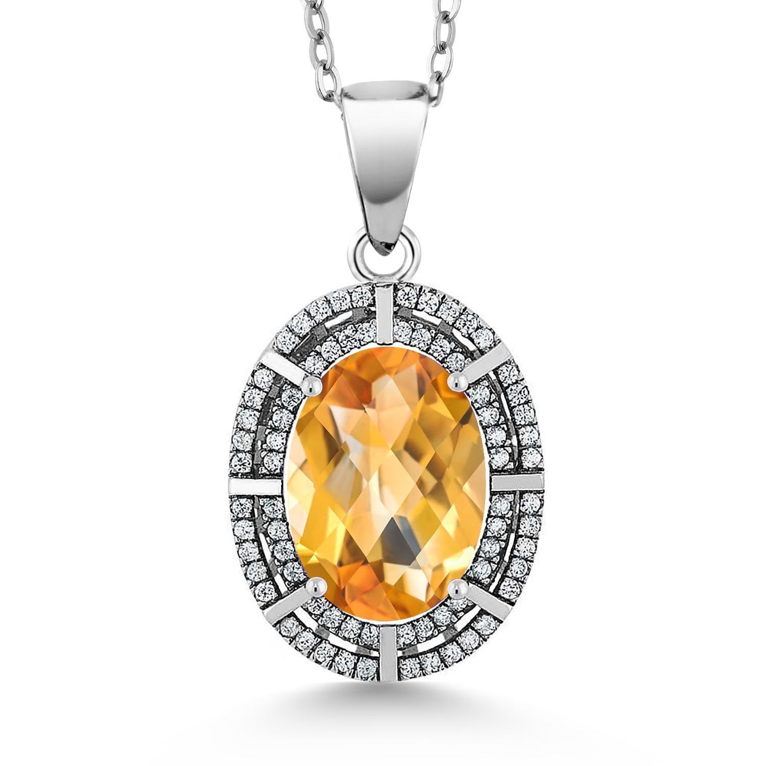 Gem Stone King 5-10 Cttw Two Row Halo Necklace with 14X10MM Oval Birthstone in 925 Sterling Silver | Double Row Halo Pendant Necklace for Women | 18 Inch Silver Chain | Perfect for Birthdays, Anniversaries & Special Occasions
