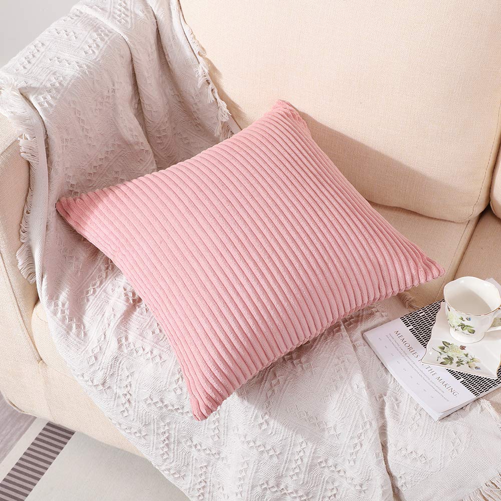 Artscope Cozy Striped Corduroy Pillow Covers 18x18 Inches - Super Soft Decorative Square Throw Pillow Cases for Sofa, Couch, Bedroom & Car - Pink Home Decor for Living Room, Nursery & Office