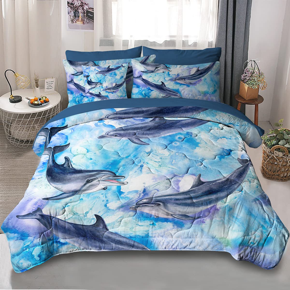 ARIGHTEX King Size 8-Piece Dolphin Themed Bedding Set - Blue Ocean Sea Life Comforter with Sheet, Pillowcases & Sham for Kids Boys Girls - Perfect for Beach House, Nautical Nursery or Underwater Themed Bedroom Decor