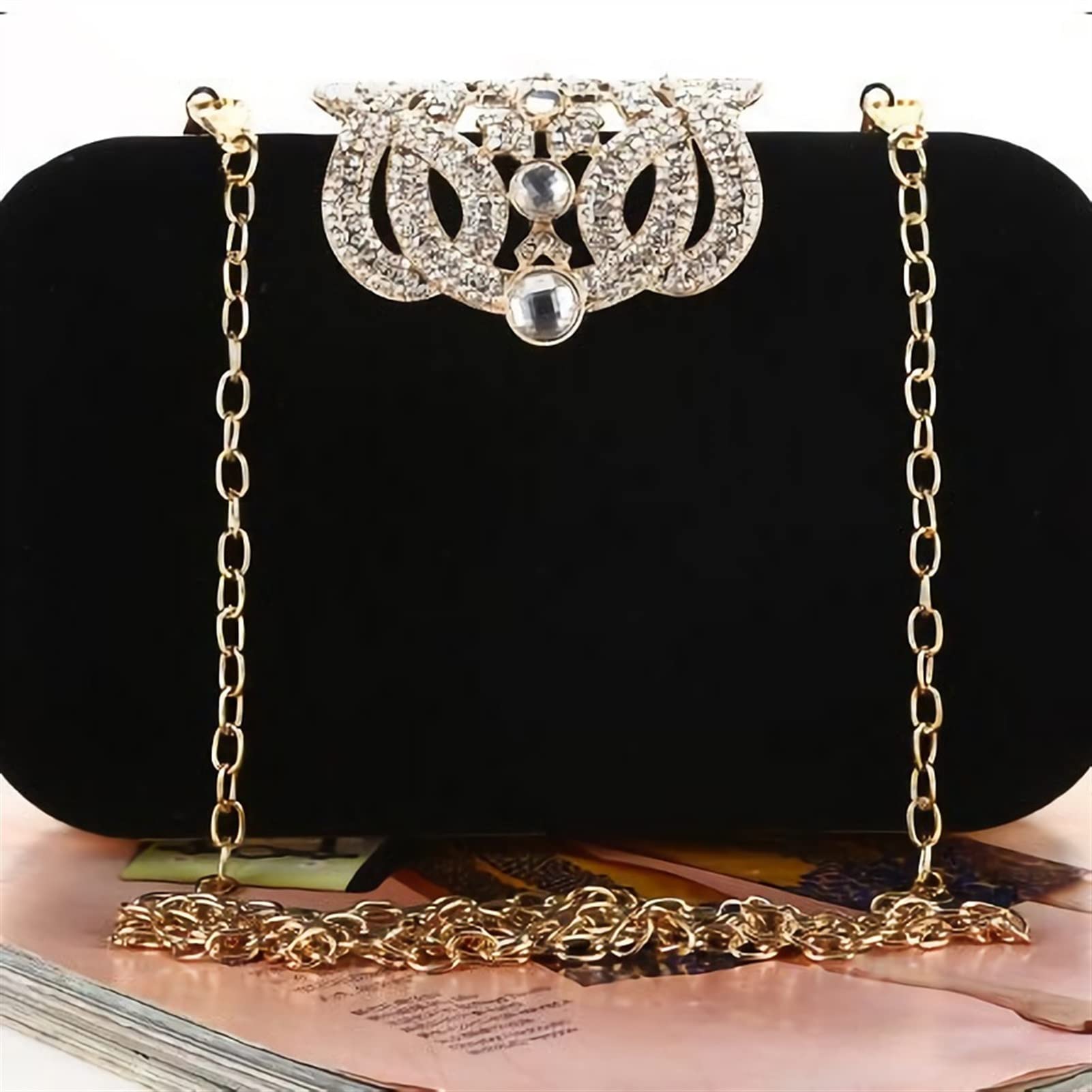 Elegant Velvet Evening Clutch Purse with Rhinestone Flower Closure - Women's Shoulder Crossbody Bag for Party, Wedding & Special Occasions (Black) - Perfect for Prom, Cocktail Events & Formal Gatherings