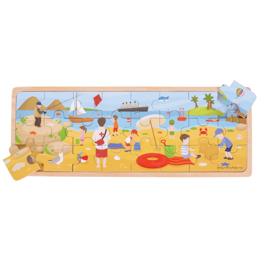 Bigjigs Toys at The Seaside - Wooden Tray Puzzle for Kids Ages 3-5 | Beach Theme Educational Toy | Perfect for Preschool Learning & Summer Travel Activities