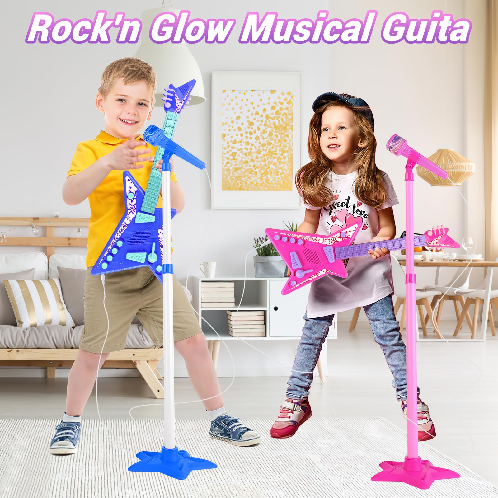 deAO Kids Guitar and Microphone Set - Adjustable Height Musical Toy with Colorful Lights & Stand | Perfect for Birthday Gifts, Karaoke Singing, and Early Music Education for Boys & Girls
