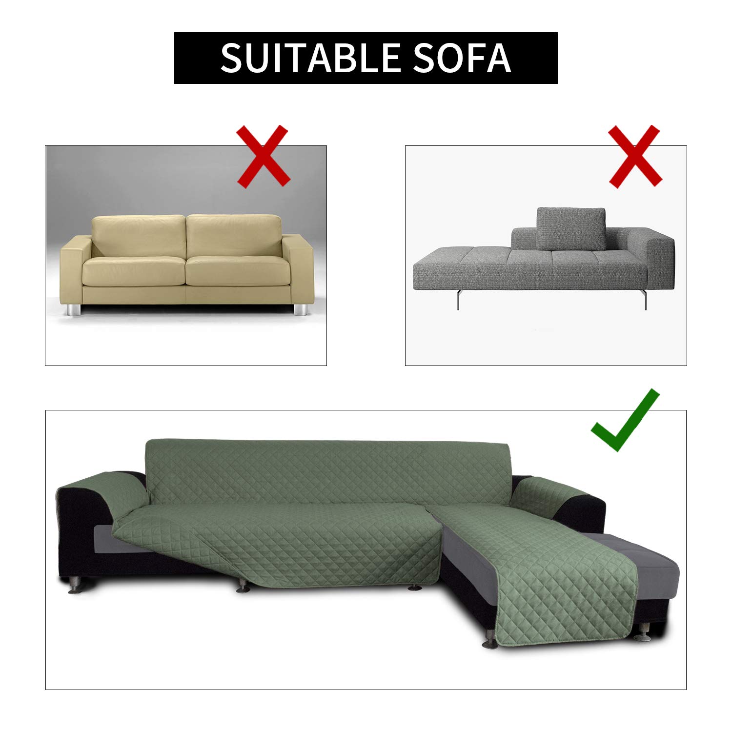 Reversible L-Shaped Sofa Slipcover - Easy-Going Sectional Couch Cover with Chaise | Furniture Protector for Pets & Kids | Greyish Green/Greyish Green (Small) | Perfect for Living Room, Family Room & Pet-Friendly Homes