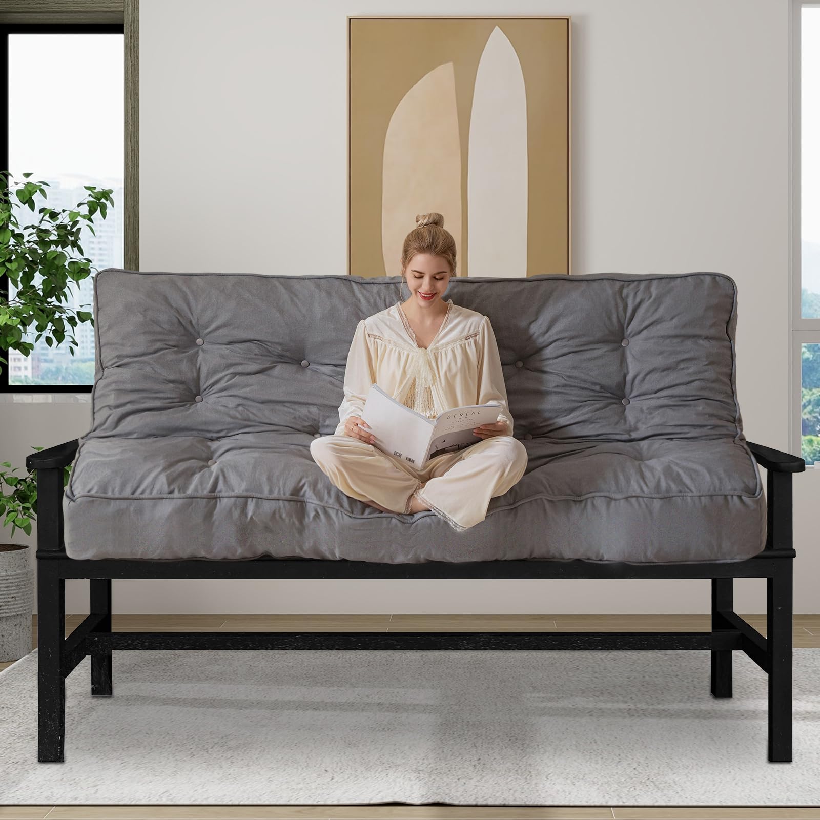 MAXYOYO 8-Inch Thick Futon Sofa Couch Bed - Premium Linen Tufted Futon Mattress for Adults (Mattress Only) in Grey | Perfect for Small Spaces, Guest Rooms & Dorm Rooms