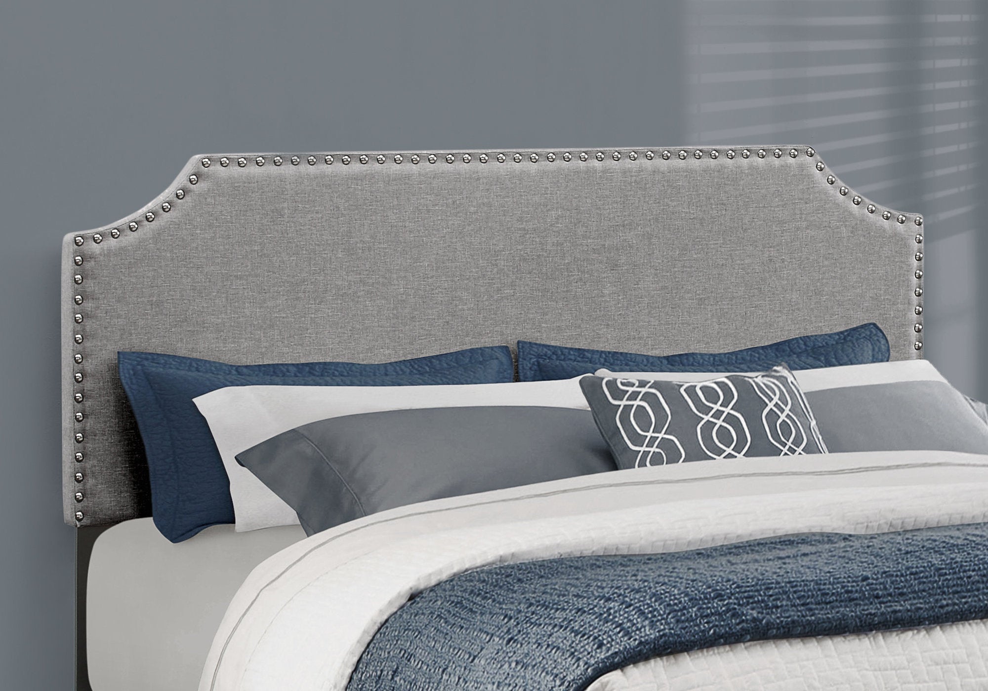 Queen Size Bed Frame with Grey Linen Upholstery & Chrome Trim - Modern Platform Bed for Master Bedroom, Guest Room, or Apartment