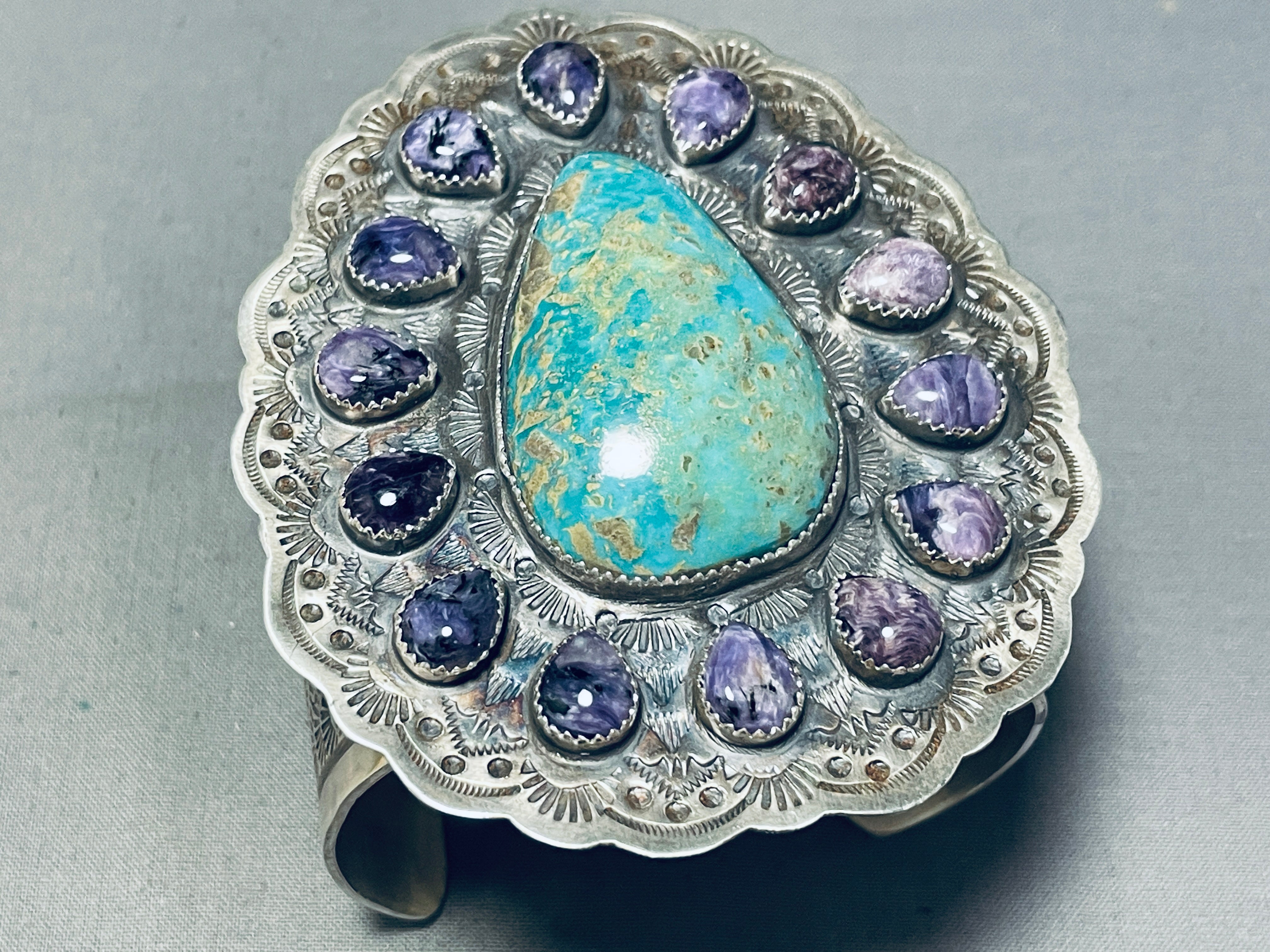 Authentic Navajo Turquoise & Charoite Sterling Silver Bracelet - 164g Handmade Native American Jewelry for Women, Boho Chic Accessory, Perfect for Festivals & Special Occasions