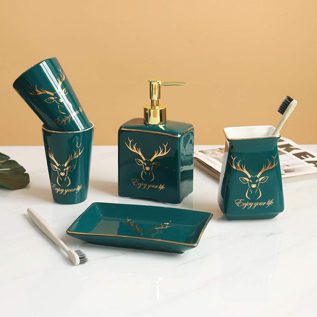 5-Piece Green Ceramic Bathroom Accessories Set with Lotion Dispenser, Soap Pump, Toothbrush Holder, Tumbler & Storage Tray - Elegant Golden Deer Head Design for Modern Bathroom Decor | Perfect for Guest Bathrooms, Spa Retreats & Luxury Home Decor