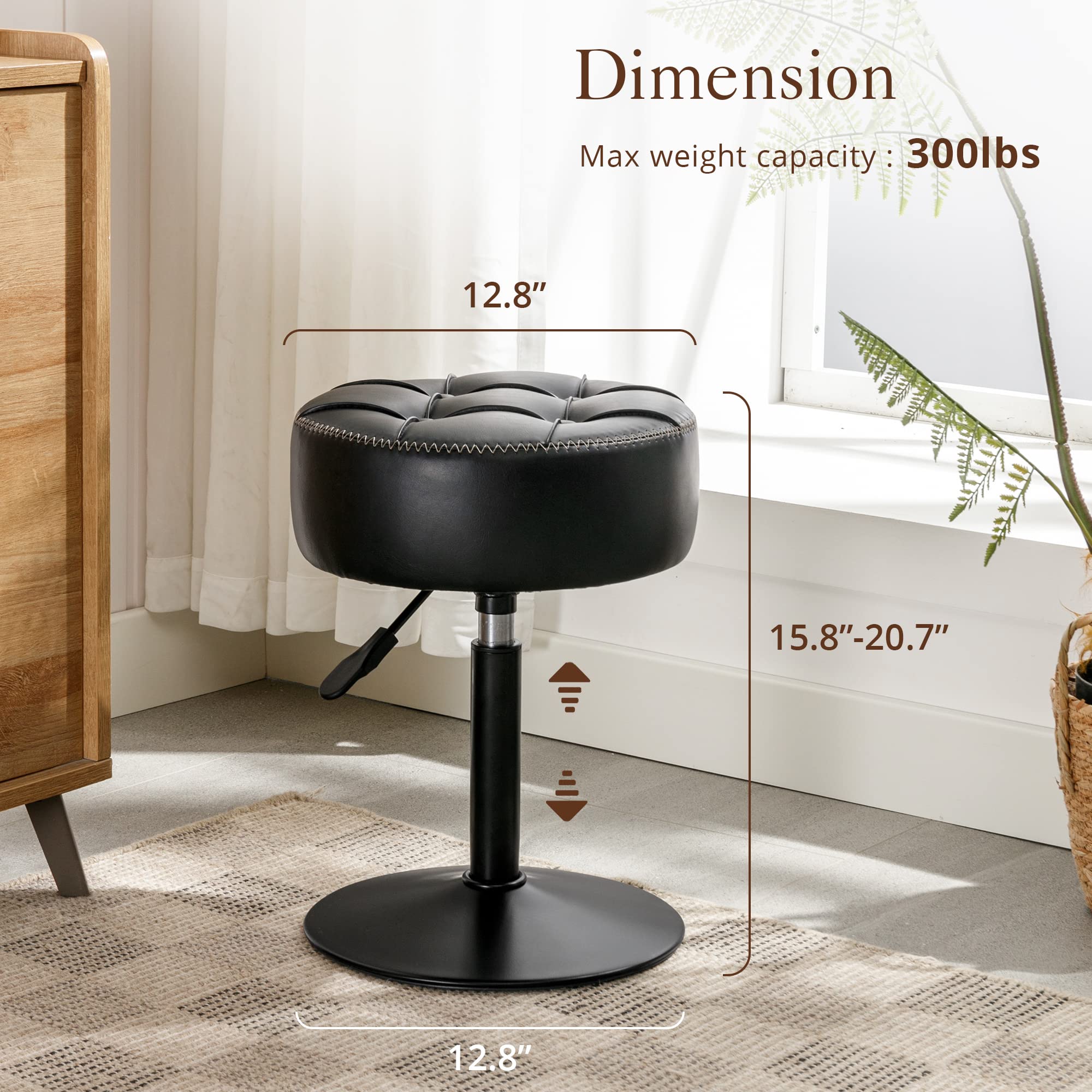 LUE BONA Adjustable Vanity Stool with 360° Swivel - Small Faux Leather Makeup Chair for Bathroom, Living Room & Dressing Room - Black Vanity Stool for Women's Makeup Station, Bedroom & Home Decor